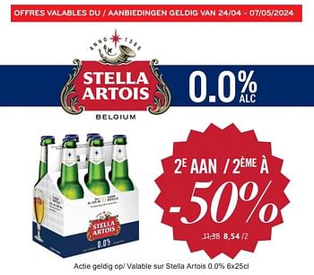 Promoties Stella artois 0.0% 2ème à -50% - Stella Artois - Geldig van 24/04/2024 tot 07/05/2024 bij Alvo