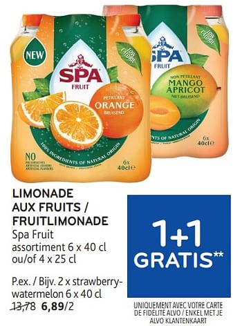 Promoties Limonade aux fruits spa fruit 1+1 gratis - Spa - Geldig van 24/04/2024 tot 07/05/2024 bij Alvo