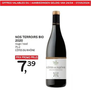 Promoties Nos terroirs bio 2020 rouge - Rode wijnen - Geldig van 24/04/2024 tot 07/05/2024 bij Alvo