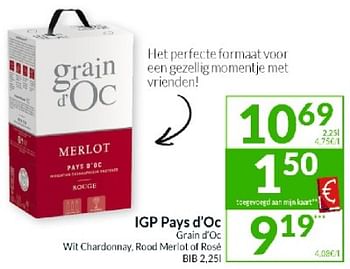Promoties Igp pays d`oc grain d`oc wit chardonney rood merlot of rose - Rode wijnen - Geldig van 23/04/2024 tot 28/04/2024 bij Intermarche