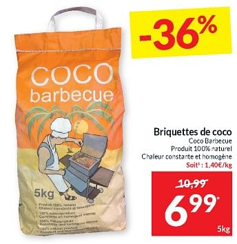 Promoties Briquettes de coco coco barbecue produit 100% naturel chaleur constante et homogéne - Huismerk - Intermarche - Geldig van 23/04/2024 tot 28/04/2024 bij Intermarche