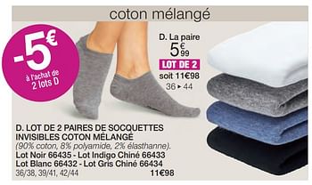 Promotions Lot de 2 paires de socquettes invisibles coton mélangé - Produit Maison - Damart - Valide de 01/04/2024 à 30/06/2024 chez Damart