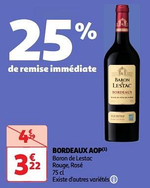 Promoties Bordeaux aop baron de lestac rouge, rosé - Rode wijnen - Geldig van 23/04/2024 tot 28/04/2024 bij Auchan