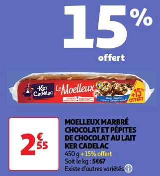 Promoties Moelleux marbré chocolat et pépites de chocolat au lait ker cadelac - Ker Cadelac - Geldig van 23/04/2024 tot 28/04/2024 bij Auchan