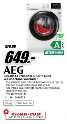 Promoties Aeg lr63r144 prosense serie 6000 wasmachine voorlader - AEG - Geldig van 22/04/2024 tot 28/04/2024 bij Media Markt