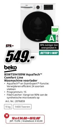 Promotions Beko b5wt594189w aquatech comfort line wasmachine voorlader - Beko - Valide de 22/04/2024 à 28/04/2024 chez Media Markt
