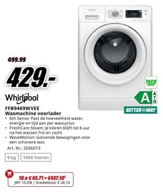 Promoties Whirlpool ffb9469wvee wasmachine voorlader - Whirlpool - Geldig van 22/04/2024 tot 28/04/2024 bij Media Markt