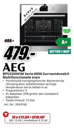 Promotions Aeg bps335061m serie 6000 surroundcook multifunctionele oven - AEG - Valide de 22/04/2024 à 28/04/2024 chez Media Markt