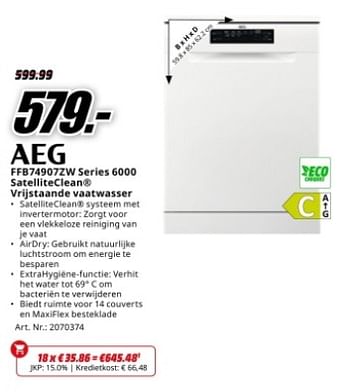 Promotions Aeg ffb74907zw series 6000 satelliteclean vrijstaande vaatwasser - AEG - Valide de 22/04/2024 à 28/04/2024 chez Media Markt