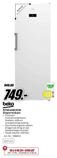 Promotions Beko rfne448e45w diepvrieskast - Beko - Valide de 22/04/2024 à 28/04/2024 chez Media Markt