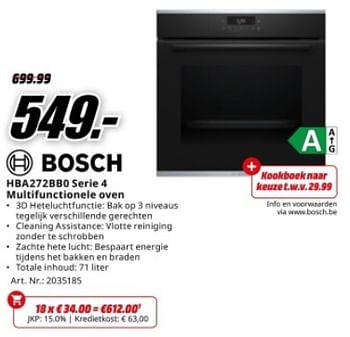 Promoties Bosch hba272bbo serie 4 multifunctionele oven - Bosch - Geldig van 22/04/2024 tot 28/04/2024 bij Media Markt