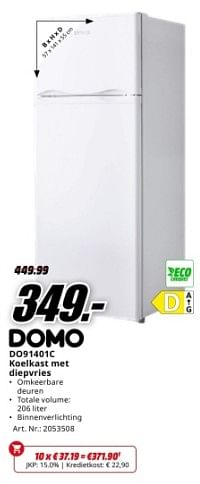 Promotions Domo do91401c koelkast met diepvries - Domo - Valide de 22/04/2024 à 28/04/2024 chez Media Markt