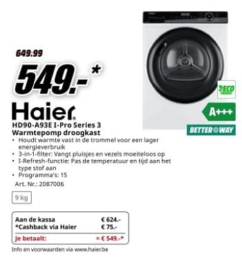 Promotions Haier hd90-a93e i-pro series 3 warmtepomp droogkast - Haier - Valide de 22/04/2024 à 28/04/2024 chez Media Markt