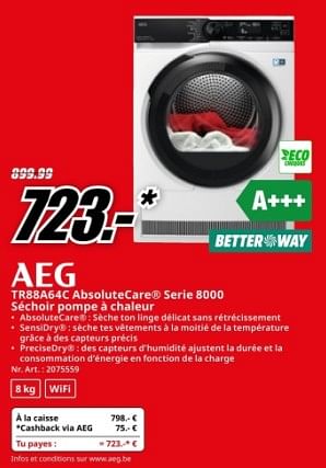 Promoties Aeg tr88a64c absolutecare serie 8000 séchoir pompe à chaleur - AEG - Geldig van 22/04/2024 tot 28/04/2024 bij Media Markt