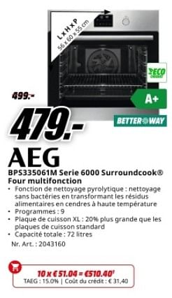 Promotions Aeg bps335061m serie 6000 surroundcook four multifonction - AEG - Valide de 22/04/2024 à 28/04/2024 chez Media Markt