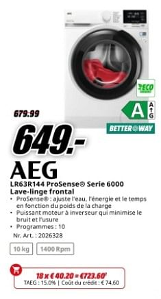 Promoties Aeg lr63r144 prosense serie 6000 lave-linge frontal - AEG - Geldig van 22/04/2024 tot 28/04/2024 bij Media Markt