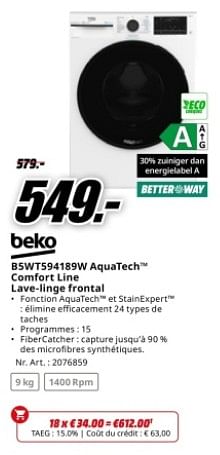 Promoties Beko b5wt594189w aquatech comfort line lave-linge frontal - Beko - Geldig van 22/04/2024 tot 28/04/2024 bij Media Markt
