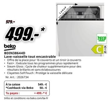 Promoties Beko bdin38644d lave-vaisselle tout encastrable - Beko - Geldig van 22/04/2024 tot 28/04/2024 bij Media Markt
