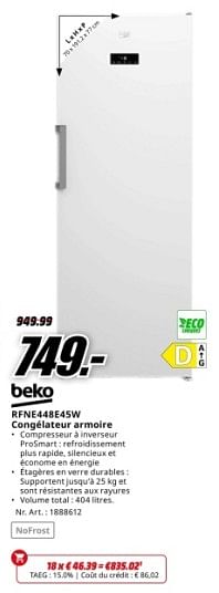 Promotions Beko rfne448e45w congélateur armoire - Beko - Valide de 22/04/2024 à 28/04/2024 chez Media Markt