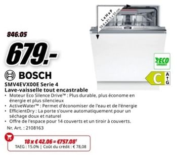 Promoties Bosch smv4evxooe serie 4 lave- vaisselle tout encastrable - Bosch - Geldig van 22/04/2024 tot 28/04/2024 bij Media Markt
