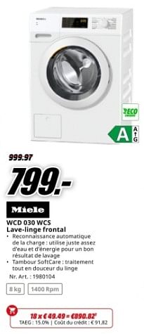 Promotions Miele wcd 030 wcs lave-linge frontal - Miele - Valide de 22/04/2024 à 28/04/2024 chez Media Markt