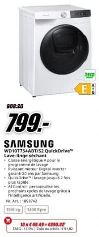 Promotions Samsung wd10t754abt-s2 quickdrive lave-linge séchant - Samsung - Valide de 22/04/2024 à 28/04/2024 chez Media Markt