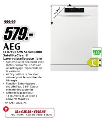 Promoties Aeg ffb74907zw series 6000 satelliteclean lave-vaisselle pose libre - AEG - Geldig van 22/04/2024 tot 28/04/2024 bij Media Markt