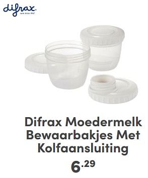 Promotions Difrax moedermelk bewaarbakjes met kolfaansluiting - Difrax - Valide de 21/04/2024 à 27/04/2024 chez Baby & Tiener Megastore