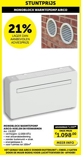 Promotions Monoblock warmtepomp airco koelen en verwarmen - Produit maison - Zelfbouwmarkt - Valide de 23/04/2024 à 20/05/2024 chez Zelfbouwmarkt