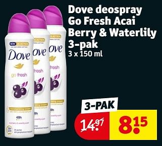 Promotions Dove deospray go fresh acai berry + waterlily - Dove - Valide de 23/04/2024 à 28/04/2024 chez Kruidvat