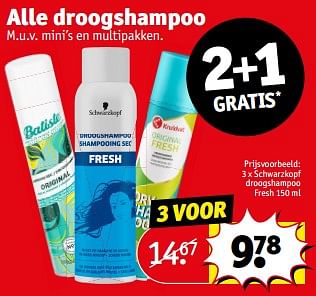 Promoties Schwarzkopf droogshampoo fresh - Schwarzkopf - Geldig van 23/04/2024 tot 28/04/2024 bij Kruidvat
