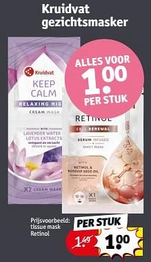 Promoties Tissue mask retinol - Huismerk - Kruidvat - Geldig van 23/04/2024 tot 28/04/2024 bij Kruidvat