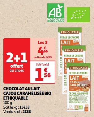 Promoties Chocolat au lait cajou caramélisée bio ethiquable - Ethiquable - Geldig van 23/04/2024 tot 28/04/2024 bij Auchan