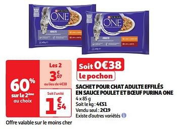 Promoties Sachet pour chat adulte effilés en sauce poulet et boeuf purina one - Purina - Geldig van 23/04/2024 tot 28/04/2024 bij Auchan