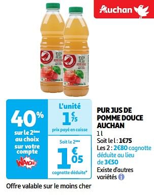 Promoties Pur jus de pomme douce auchan - Huismerk - Auchan - Geldig van 23/04/2024 tot 28/04/2024 bij Auchan