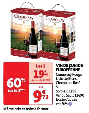 Promoties Vin de l`union européenne - Rode wijnen - Geldig van 23/04/2024 tot 28/04/2024 bij Auchan