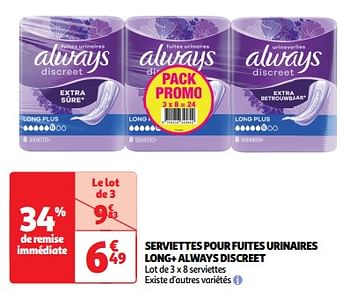 Promoties Serviettes pour fuites urinaires long+ always discreet - Always - Geldig van 23/04/2024 tot 28/04/2024 bij Auchan