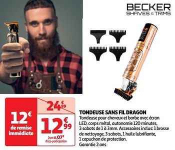 Promoties Tondeuse sans fil dragon - Becker - Geldig van 23/04/2024 tot 28/04/2024 bij Auchan