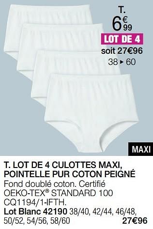 Promotions Lot de 4 culottes maxi, pointelle pur coton peigné - Produit Maison - Damart - Valide de 01/04/2024 à 30/06/2024 chez Damart