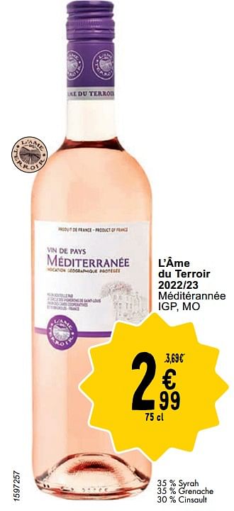 Promoties L’âme du terroir 2022-23 méditérannée - Rosé wijnen - Geldig van 23/04/2024 tot 29/04/2024 bij Cora