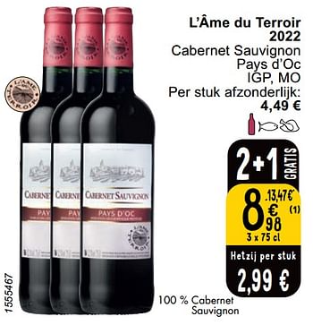 Promotions L’âme du terroir 2022 cabernet sauvignon - Vins rouges - Valide de 23/04/2024 à 29/04/2024 chez Cora