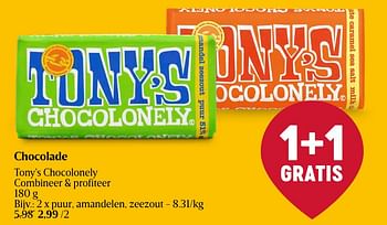 Promotions Chocolade puur, amandelen, zeezout - Tony's Chocolonely - Valide de 25/04/2024 à 01/05/2024 chez Delhaize