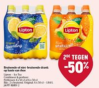 Promoties Lipton - ice tea bruisend, original - Lipton - Geldig van 25/04/2024 tot 01/05/2024 bij Delhaize
