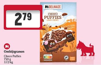 Promoties Ontbijtgranen choco puffies - Huismerk - Delhaize - Geldig van 25/04/2024 tot 01/05/2024 bij Delhaize