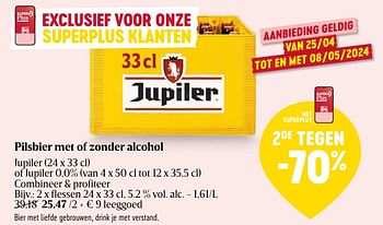 Promotions Pilsbier met of zonder alcohol - Jupiler - Valide de 25/04/2024 à 01/05/2024 chez Delhaize