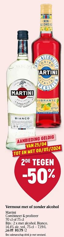 Promotions Vermout met alcohol, bianco - Martini - Valide de 25/04/2024 à 01/05/2024 chez Delhaize