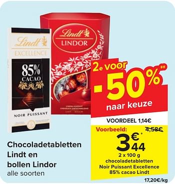 Promoties Chocoladetabletten noir puissant excellence 85% cacao lindt - Lindt - Geldig van 24/04/2024 tot 06/05/2024 bij Carrefour