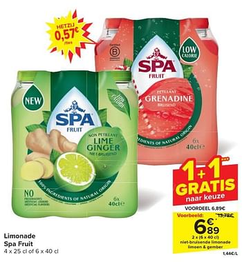 Promotions Niet bruisende limonade limoen + gember - Spa - Valide de 24/04/2024 à 06/05/2024 chez Carrefour
