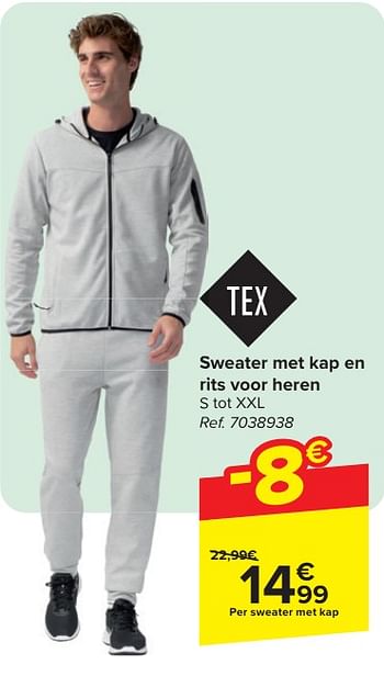 Promoties Sweater met kap en rits voor heren - Tex - Geldig van 24/04/2024 tot 06/05/2024 bij Carrefour
