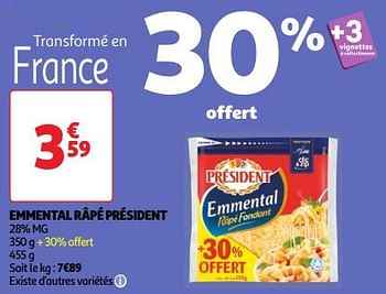 Promotions Emmental râpé président - Président - Valide de 23/04/2024 à 29/04/2024 chez Auchan Ronq